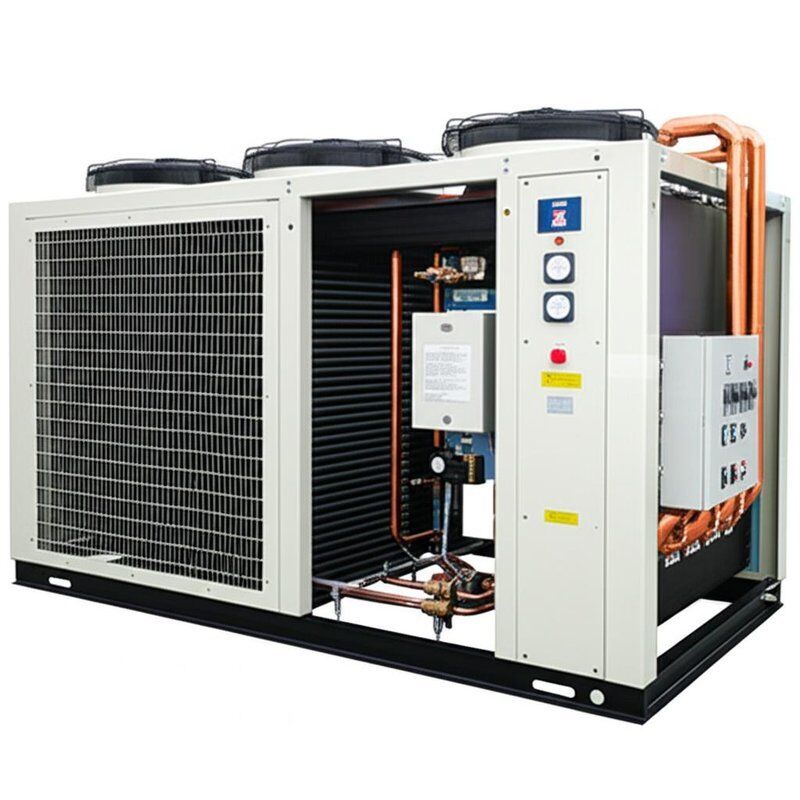 เครื่องทำน้ำเย็นแบบคอนเดนเซอร์ครีบ พร้อมระบบป้องกันแรงดันสูง ต่ำ เกินพิกัด ป้องกันการแข็งตัว และการเรียงเฟส ระดับเสียง 65dBA